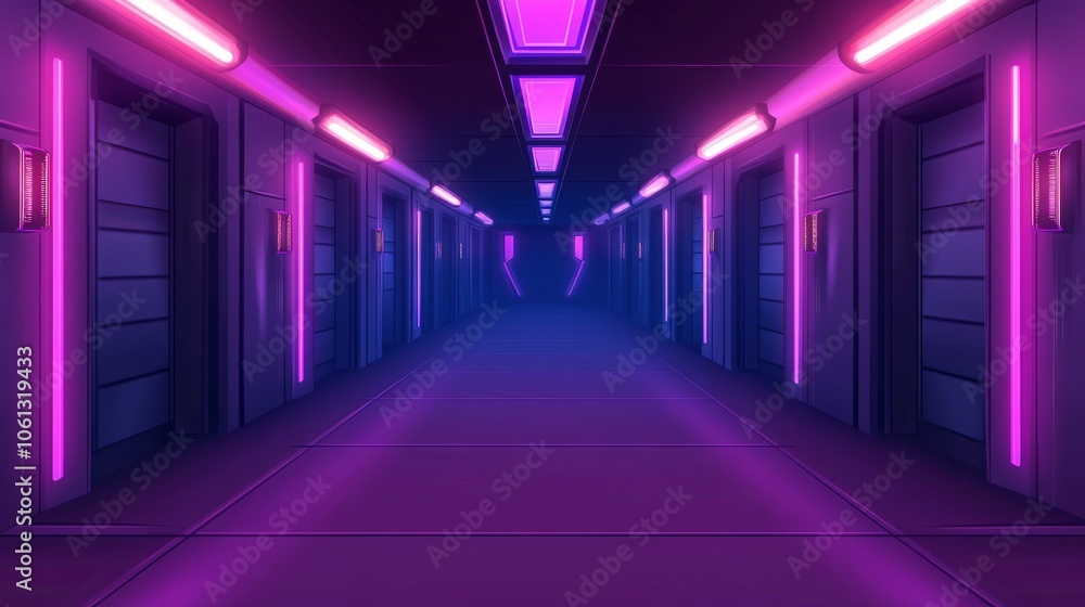 Poster background with a neon light tunnel perspective. illustration of a dark corridor with triangle-shape