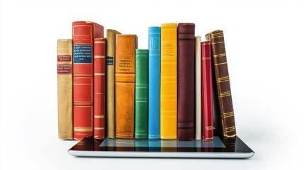 Naklejka premium A set of digital textbooks on a tablet screen, offering subjects like math, science, and history, illustrating education technology, isolated on a clean white background.