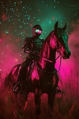 Fototapeta premium Stunning studio portraits of alien riding a horse under starry night with pink and green lighting