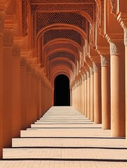 A symmetrical corridor with ornate arches leading to a dark entrance.