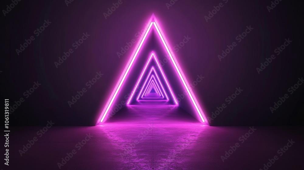 Poster background with a neon light tunnel perspective. illustration of a dark corridor with triangle-shape