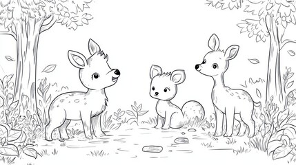 Obraz premium A simple black line drawing of animals in a forest scene, designed for children's book illustration, set against a clean white background.