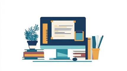 A simple illustration of a computer screen displaying an online course with study materials, representing e-learning, isolated on a clean white background.