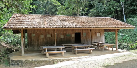 Fototapeta premium A wooden shelter with benches in a natural setting, likely for gatherings or relaxation.