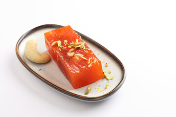  Bombay halwa, a popular Indian sweet dish is made from ghee and has ingredients like almonds,...