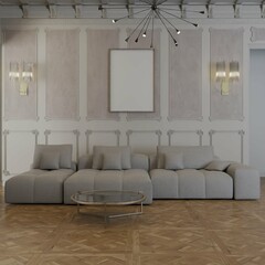 modern contemporary  living room with classic architecture. poster frame mockup. 3d illustration