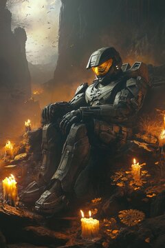 Master chief as a living dead in foggy space ruins with candles in day of the dead art style