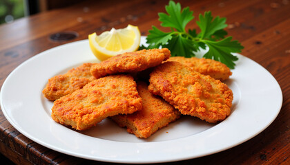 Breaded chicken cutlets with lemon and parsley on white plate