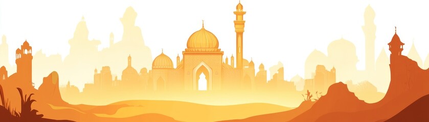 Silhouette of a cityscape with domes and minarets against a warm gradient background.