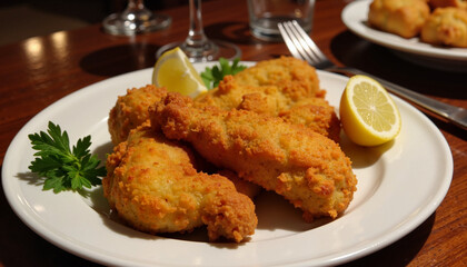 Fried chicken tenders with parsley and lemon garnish on plate