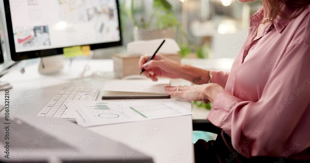 Aufkleber computer, statistics and writing with business woman at desk in office for administration or report.