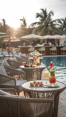 Obraz premium Luxurious resort poolside bar lounge serving colorful tropical cocktails and appetizers during the relaxed golden hour sunset.