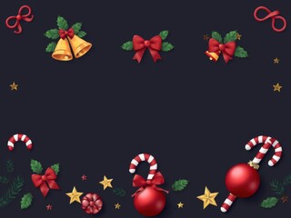 Christmas decoration set with ornaments, bells, holly leaves, candy canes, and stars with festive holiday wishes in a variety of text styles, candy canes, Christmas