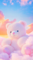 Fototapeta premium 3D cute teddy bear fluffy pink rainbow clouds shape sunset colorful dreamy sky cloudscape adorable pet animal fashion healing wallpaper background with copy space
