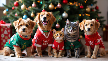 Celebrate the holiday spirit with our adorable and festively dressed pets together , photography of holiday celebration concept.