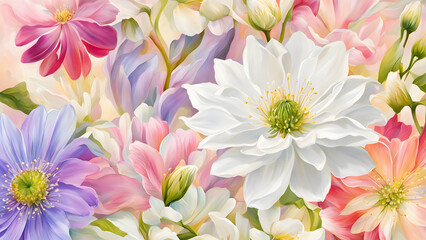 A colorful painting of flowers with a white flower in the center