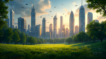 Fototapeta premium A harmonious balance between nature and urban life in a modern cityscape, digital painting of landscape concept.