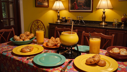 Colorful breakfast table with fondue and fresh bagels