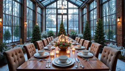 Elegant Christmas dining setup in glass-walled winter conservatory