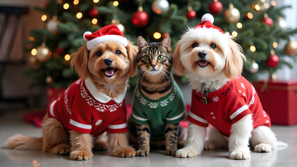 Celebrate the joy of the season with our furry friends in festive attire , photography of animal portraiture concept.