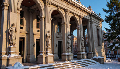 Obraz premium Sunlit statues and colonnade of historic building with snow accents