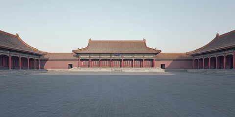 Fototapeta premium A serene view of a traditional Chinese architectural courtyard with ornate buildings.