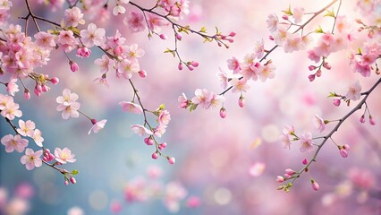 Delicate cherry blossom branches swaying gently in the breeze with pink and white petals, flowers, branches, blooming