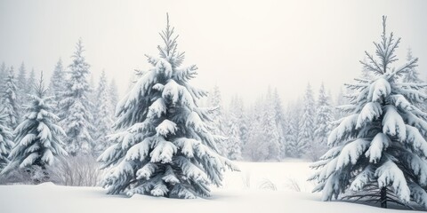 Fototapeta premium Fir trees covered in fresh snowfall in a winter wonderland scene, winter woodland, Christmas tree