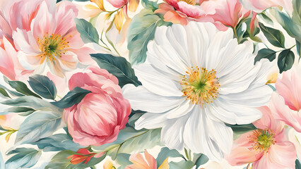 Obraz premium A painting of a flower garden with pink and white flowers