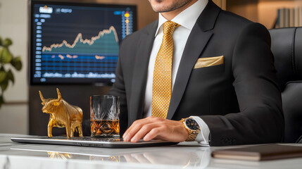 Businessman at desk with a golden bull, whiskey and stock market screen.