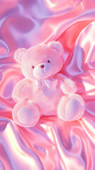 Fototapeta premium 3D cute teddy bear fluffy velvet on pink flow silk adorable pet animal plush toy fashion healing shiny gift wallpaper background with copy space