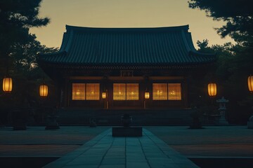 Fototapeta premium A serene temple illuminated at dusk, showcasing tranquility and cultural heritage.