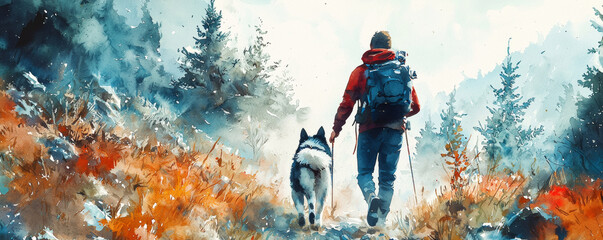 Hiker walking with Siberian Husky through colorful mountain landscape, surrounded by trees and vibrant foliage, creating serene and adventurous atmosphere