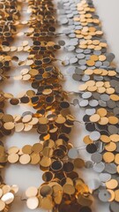 Close-up view of glamorous hanging metallic gold and silver sequin chains used as a celebratory and fashionable abstract background texture.