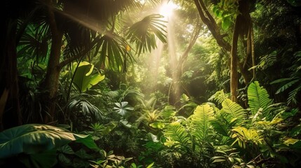 Naklejka premium Lush Tropical Jungle Scene with Dense Foliage