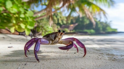 Big Crab walking along the sand beach with the sea water rolling in and out.