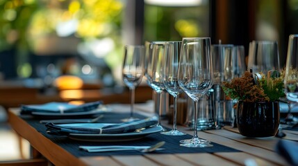 Elegant table setting with glassware and decor in a warm, inviting restaurant.