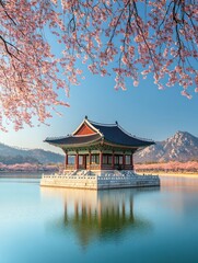 Fototapeta premium A serene pavilion surrounded by cherry blossoms and mountains reflecting in tranquil water.