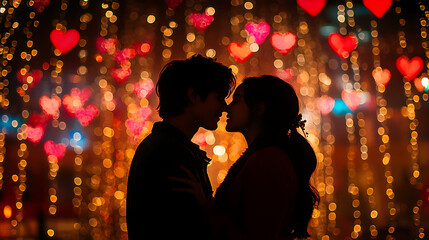 A couple is kissing in front of a backdrop of heart lights