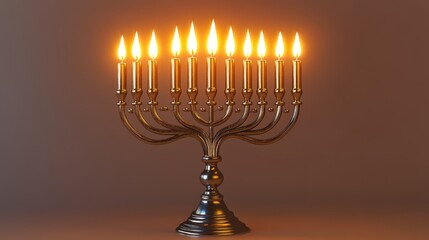 A Hanukkah menorah (hanukkiah) with all candles lit, symbolizing the Festival of Lights, isolated on a clean white background.