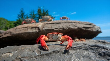 Big Crab walking along the sand beach with the sea water rolling in and out.