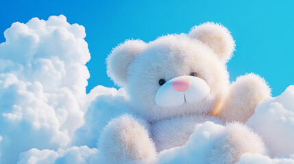 3D cute teddy bear fluffy white clouds shape blue sky cloudscape adorable pet animal fashion healing wallpaper background with copy space