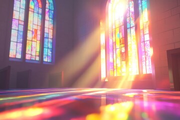 A serene interior of a church with colorful stained glass windows casting light.