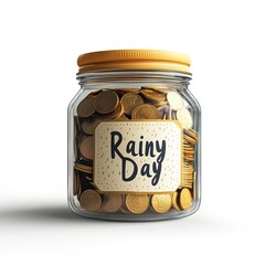 A glass jar filled with gold coins, with a label that reads "Rainy Day".