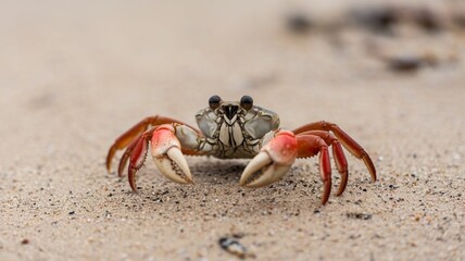 Big Crab walking along the sand beach with the sea water rolling in and out.