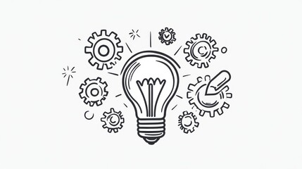 A light bulb surrounded by gears, representing innovation and learning, simple line art, black and white, isolated on a clean white background.