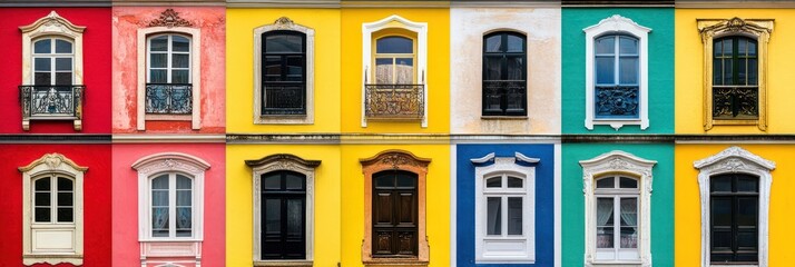 Obraz premium A vibrant collage of colorful building facades with various window designs.