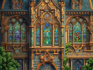 Obraz premium Ornate architectural facade featuring intricate stained glass windows and decorative elements.