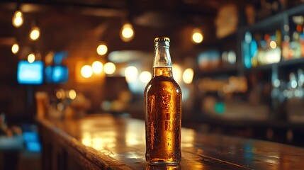 Close-up of a glass bottle of beer on a rustic bar with warm ambient lights.