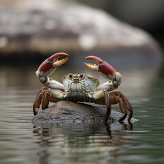 Big Crab walking along the sand beach with the sea water rolling in and out.